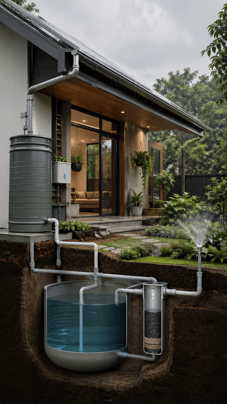 Rainwater harvesting system connected to modern home showing storage tank filtration unit underground reservoir and garden irrigation setup in eco friendly house