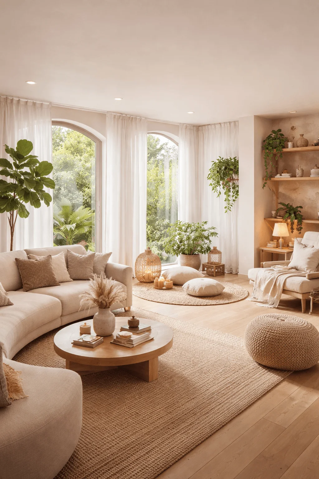 Calm wellness focused living room with soft neutral tones natural textures indoor plants cozy seating floor cushions and warm lighting creating a peaceful balanced environment