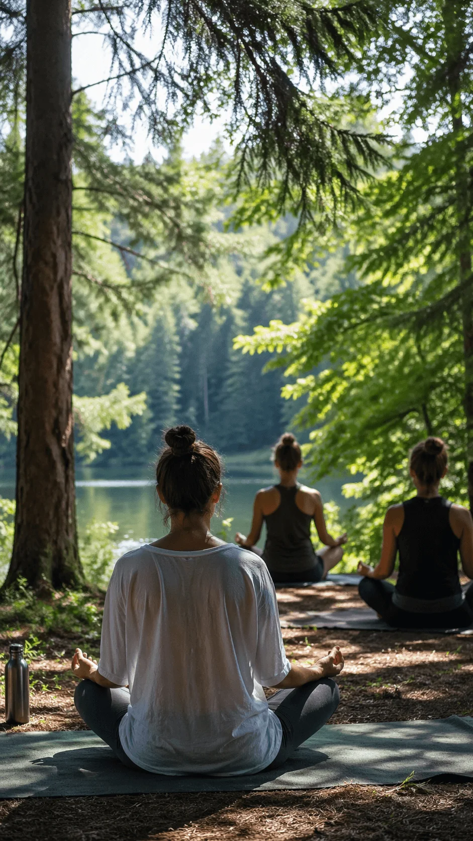 People practicing outdoor meditation by a lakeside surrounded by forest creating a calm wellness experience in nature