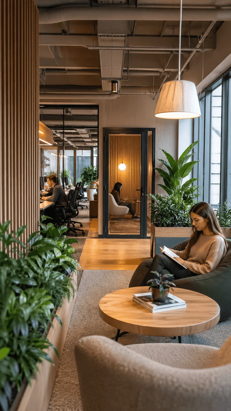Office wellness zone with comfortable seating indoor plants quiet pods and warm lighting designed for relaxation and focused work