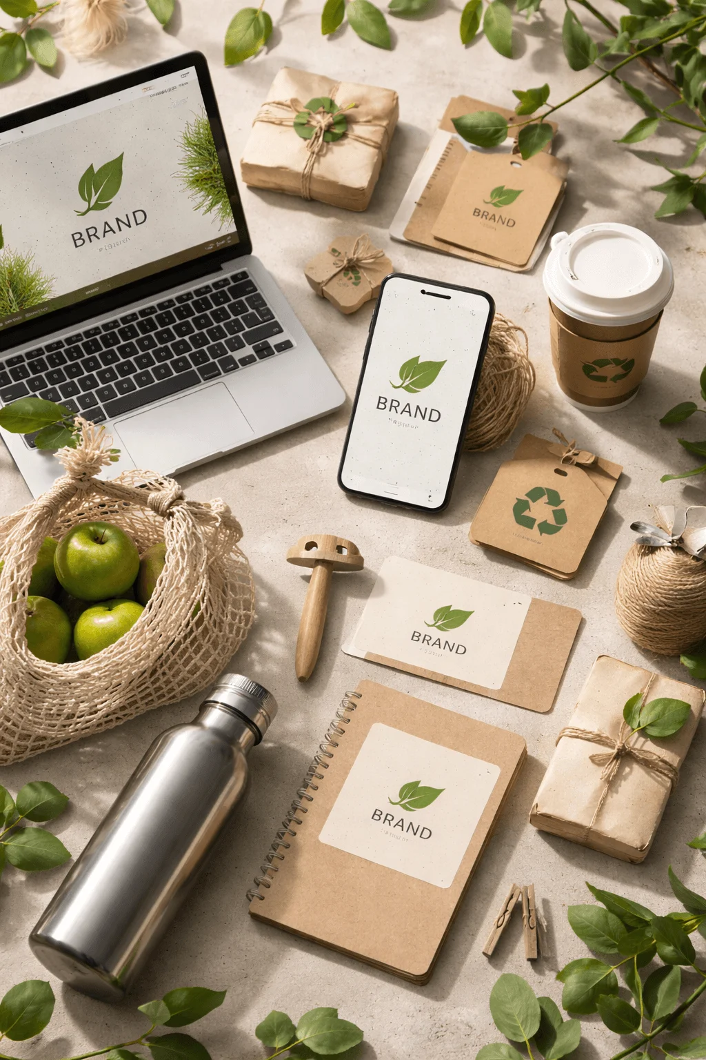 Zero waste branding and sustainable identity concept showing eco friendly packaging recycled paper materials reusable items and digital brand displays with natural elements and green themed design