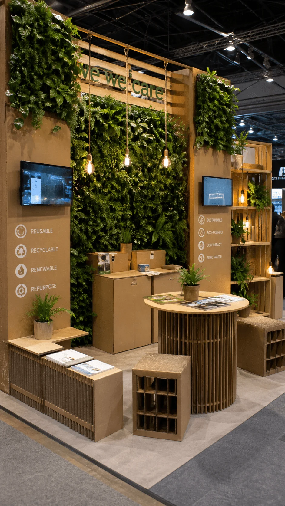 Zero waste exhibition booth with cardboard furniture green wall plants eco friendly messaging and reusable recyclable renewable repurpose display setup