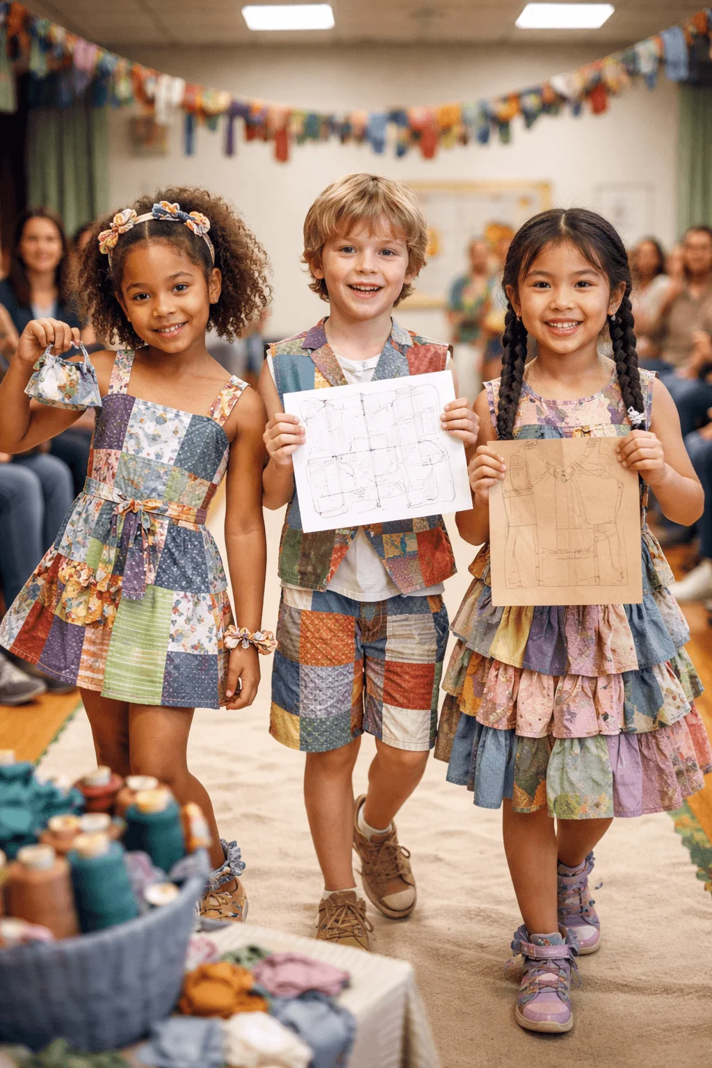 Three children walking a runway in a classroom fashion show wearing patchwork outfits made from fabric scraps, holding design sketches and a handmade accessory, with an audience in the background.