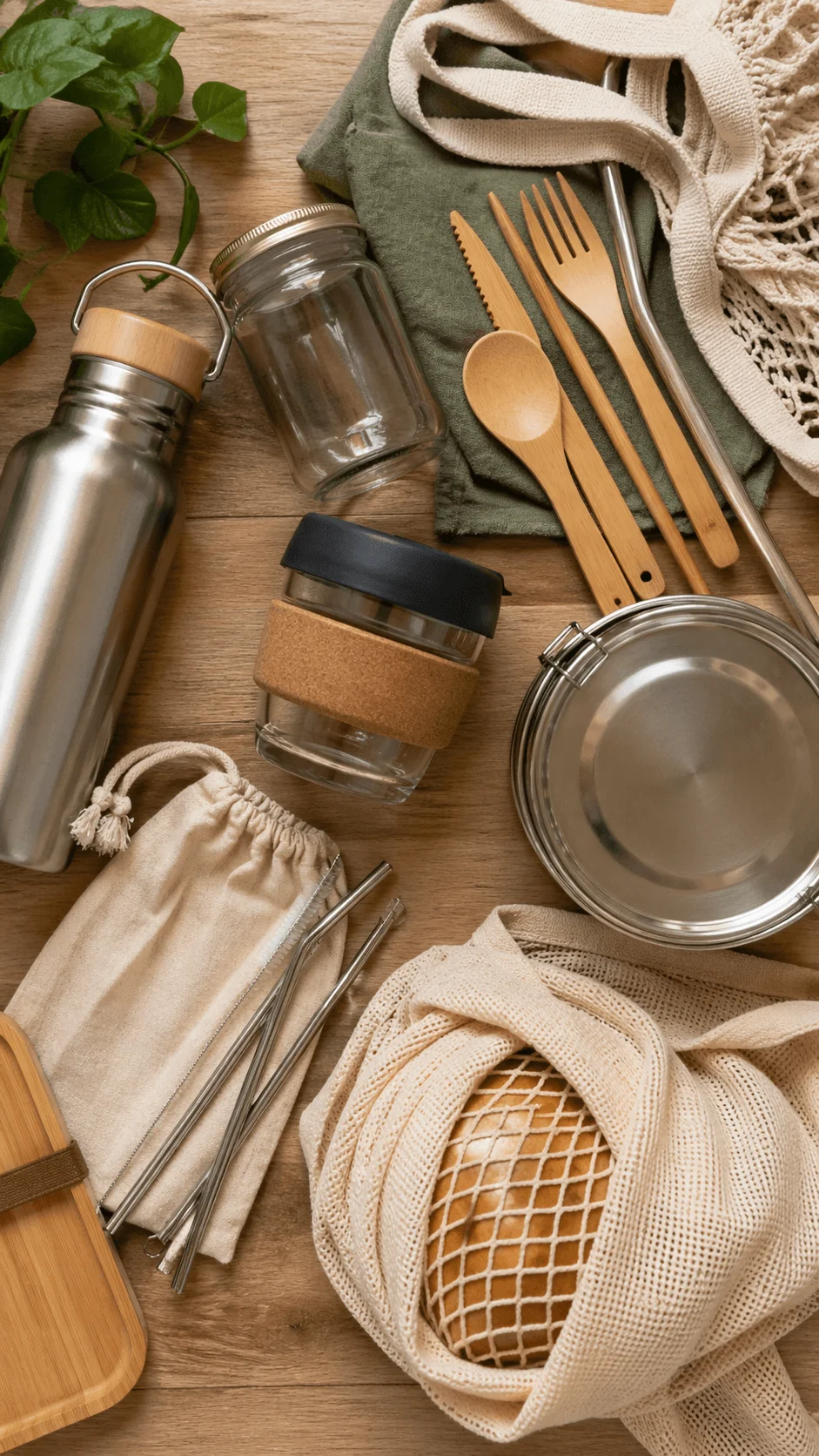Flat lay of zero waste essentials including reusable bottle glass jars bamboo cutlery metal straws cloth bags and lunch container arranged on a wooden surface promoting sustainable living