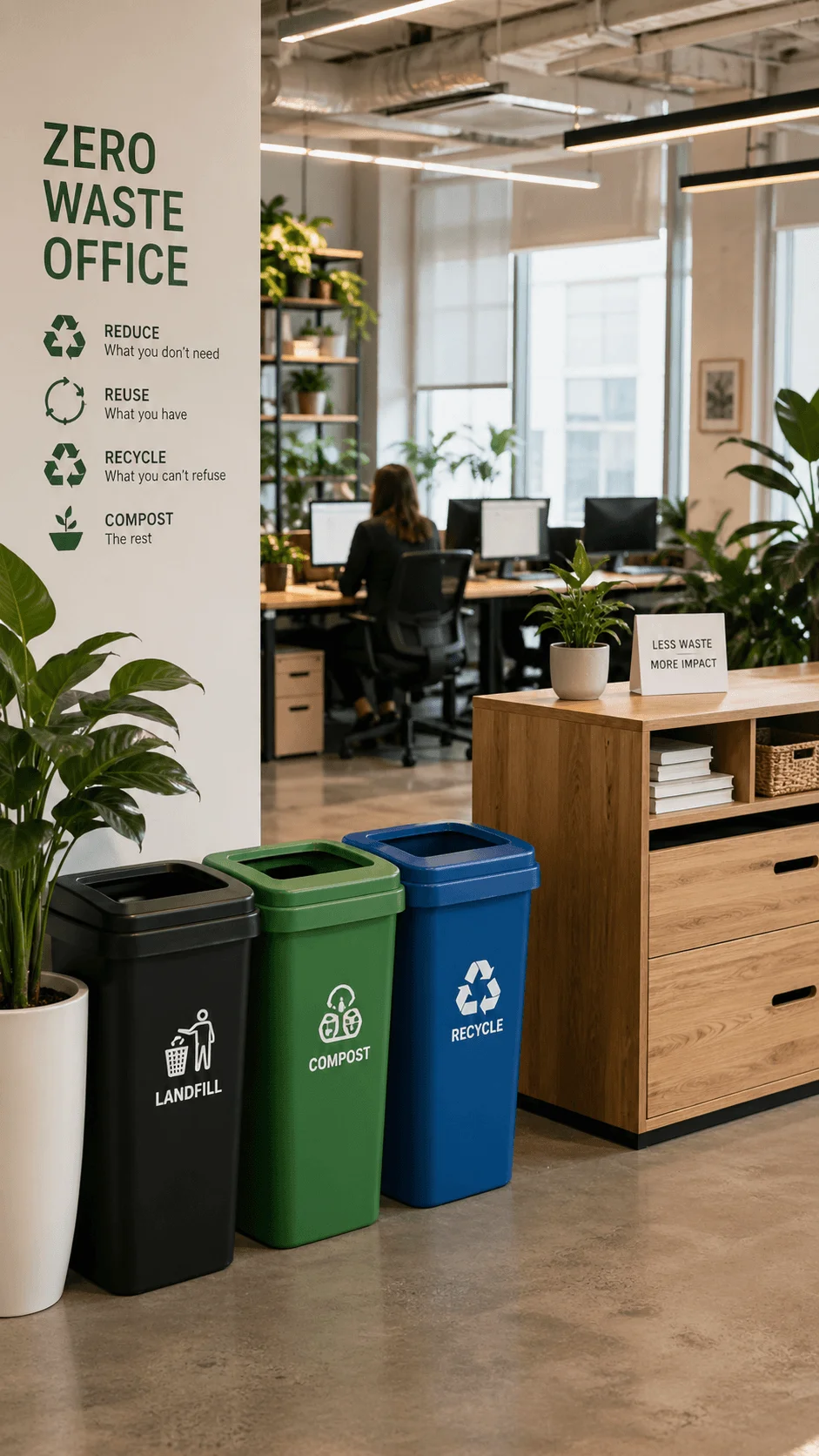 Zero waste office setup with labeled recycling compost and landfill bins eco friendly signage indoor plants and organized workspace