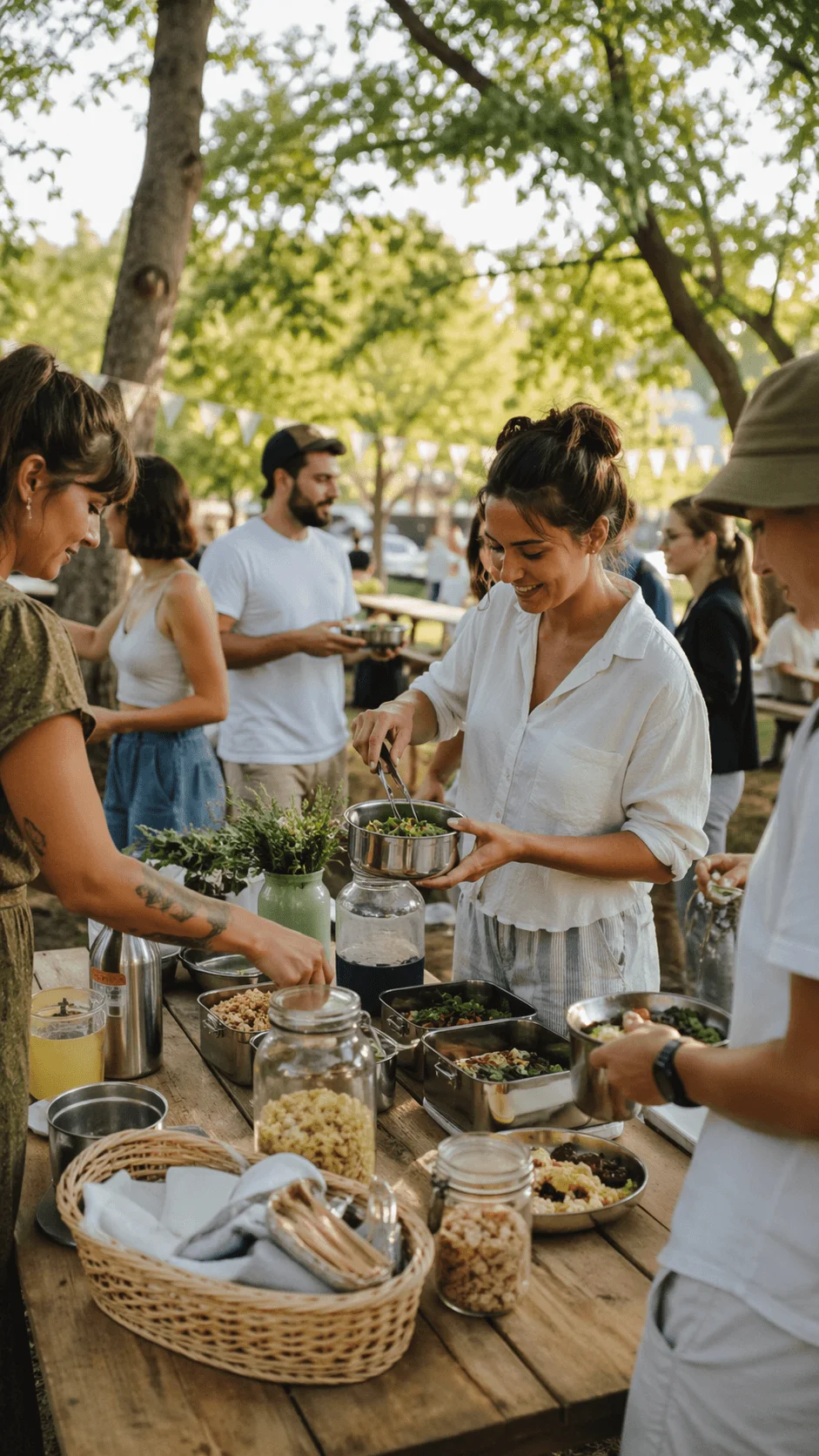 People preparing and sharing food at a zero waste outdoor gathering using reusable containers and fresh ingredients in a park setting