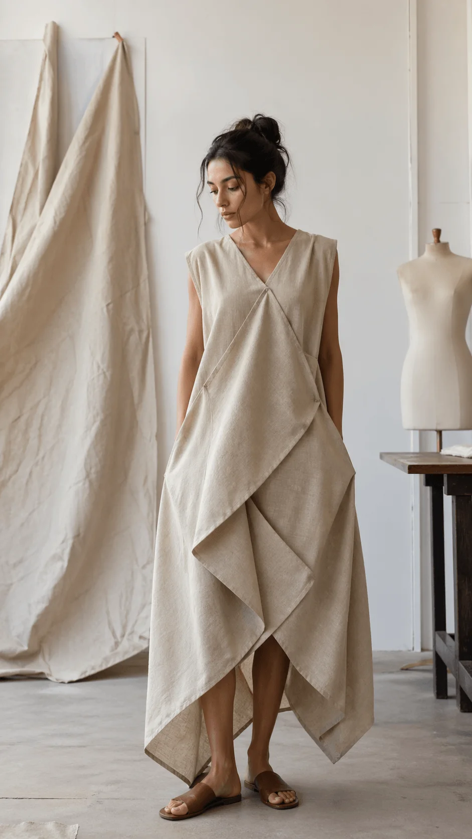 Woman wearing a minimalist draped dress with geometric cuts in a studio setting with fabric and mannequin representing zero waste pattern fashion design
