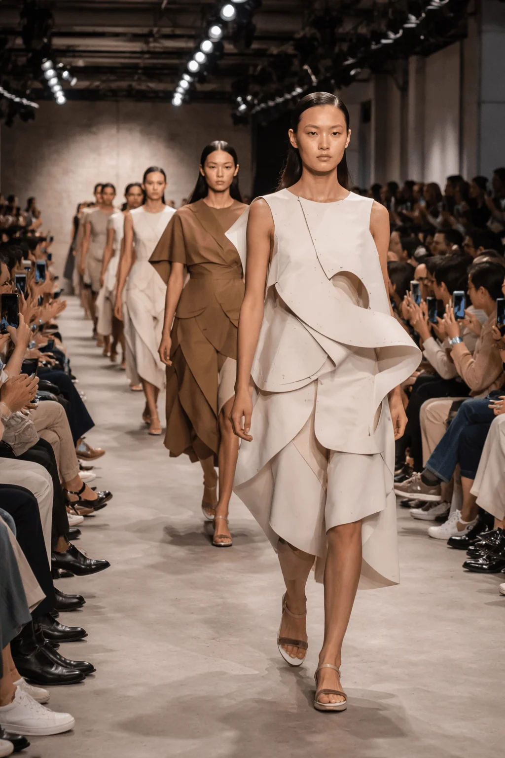 Models walk down a runway wearing structured minimalist garments designed with zero waste patterns in neutral tones while an audience watches on both sides
