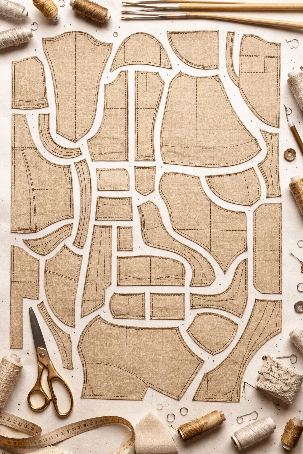Flat lay of zero waste sewing pattern pieces arranged neatly on a surface with fabric cutouts scissors measuring tape thread spools needles and pins highlighting efficient garment construction and minimal fabric waste