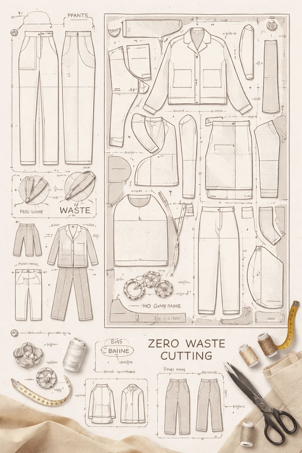 Detailed fashion pattern layout showing zero waste cutting techniques with garment templates for jacket pants skirt and sleeves along with measuring tape scissors thread spools and sewing tools on a neutral background