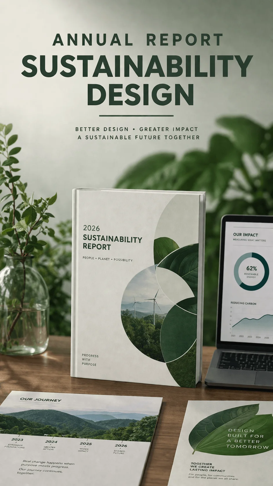 Annual sustainability report design with green themed booklet showing 2026 sustainability report beside a laptop displaying impact data surrounded by plants on a wooden desk