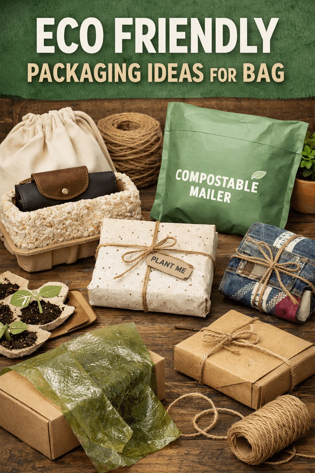 Eco friendly packaging ideas for bags showing compostable mailer recycled paper boxes cloth pouch plantable seed paper wrap jute twine and reusable fabric wrapping on a wooden table