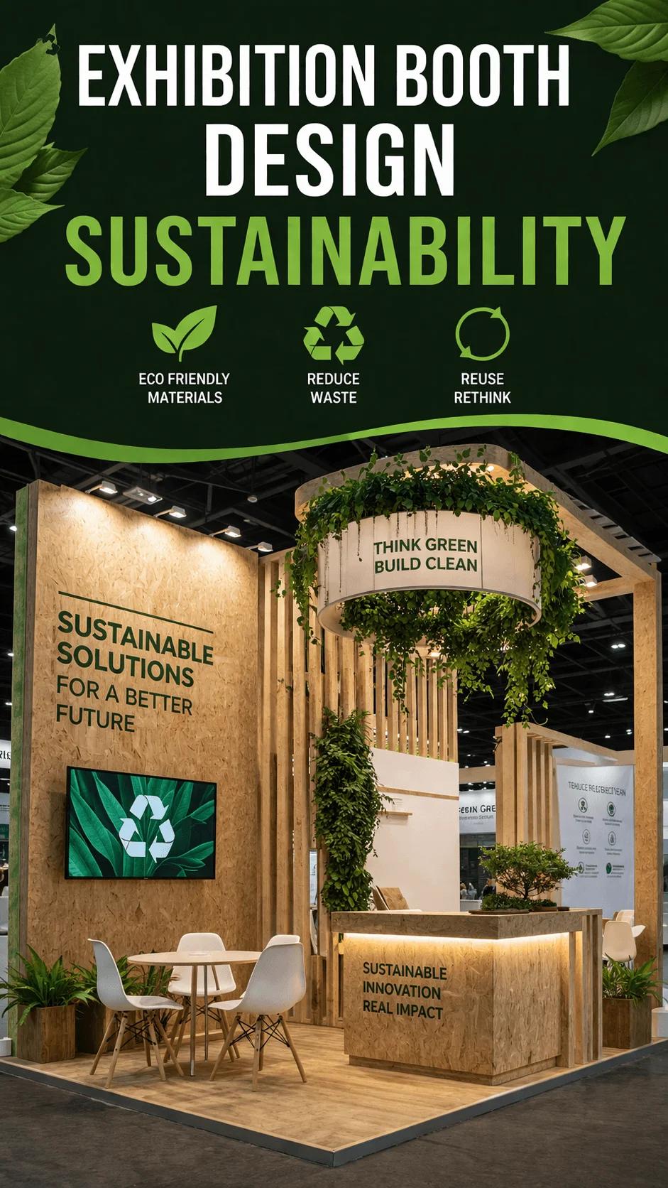 Exhibition booth showcasing sustainability design with wooden structure green plants eco friendly messaging and seating area for discussions