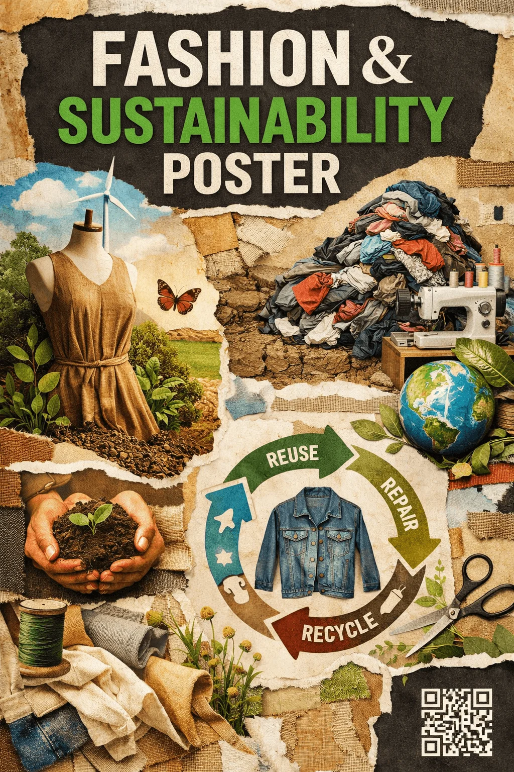 Vintage style collage poster about sustainable fashion featuring a mannequin in a natural landscape with a wind turbine, a pile of discarded clothes beside a sewing machine, a globe with plants, hands holding soil with a small plant, fabric scraps and scissors, and a central recycle loop around a denim jacket with reuse repair and recycle text and a QR code in the corner