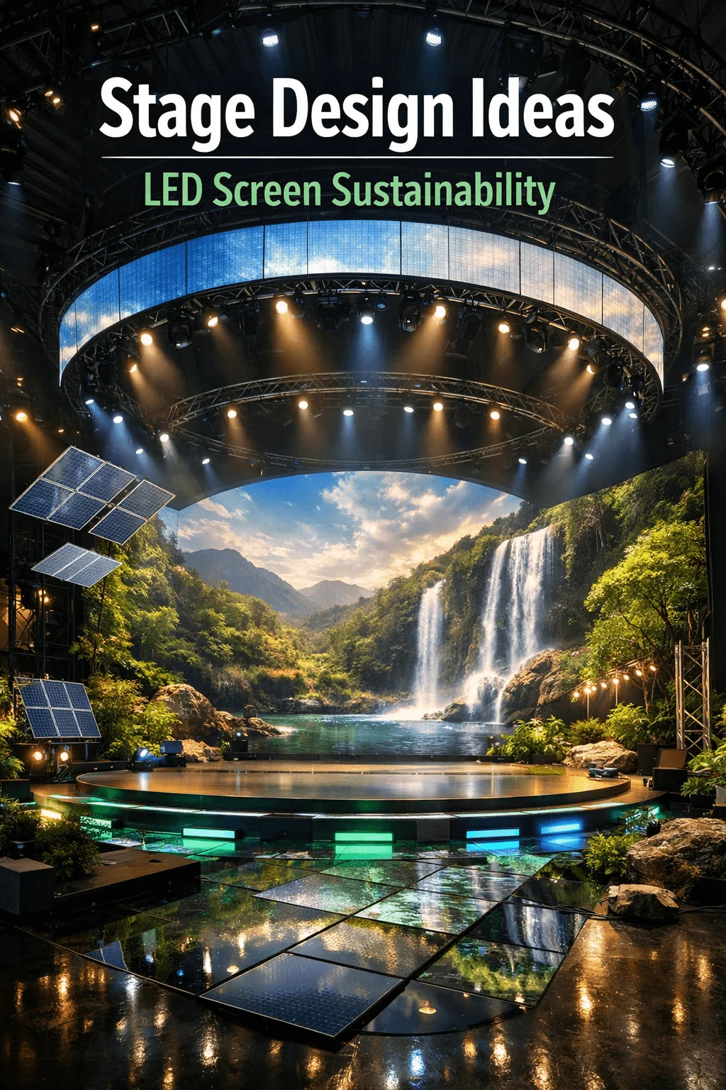 Modern stage design featuring a large curved LED screen displaying a lush waterfall landscape with surrounding greenery overhead lighting rigs and solar panels integrated into the set with reflective flooring creating a sustainable themed environment