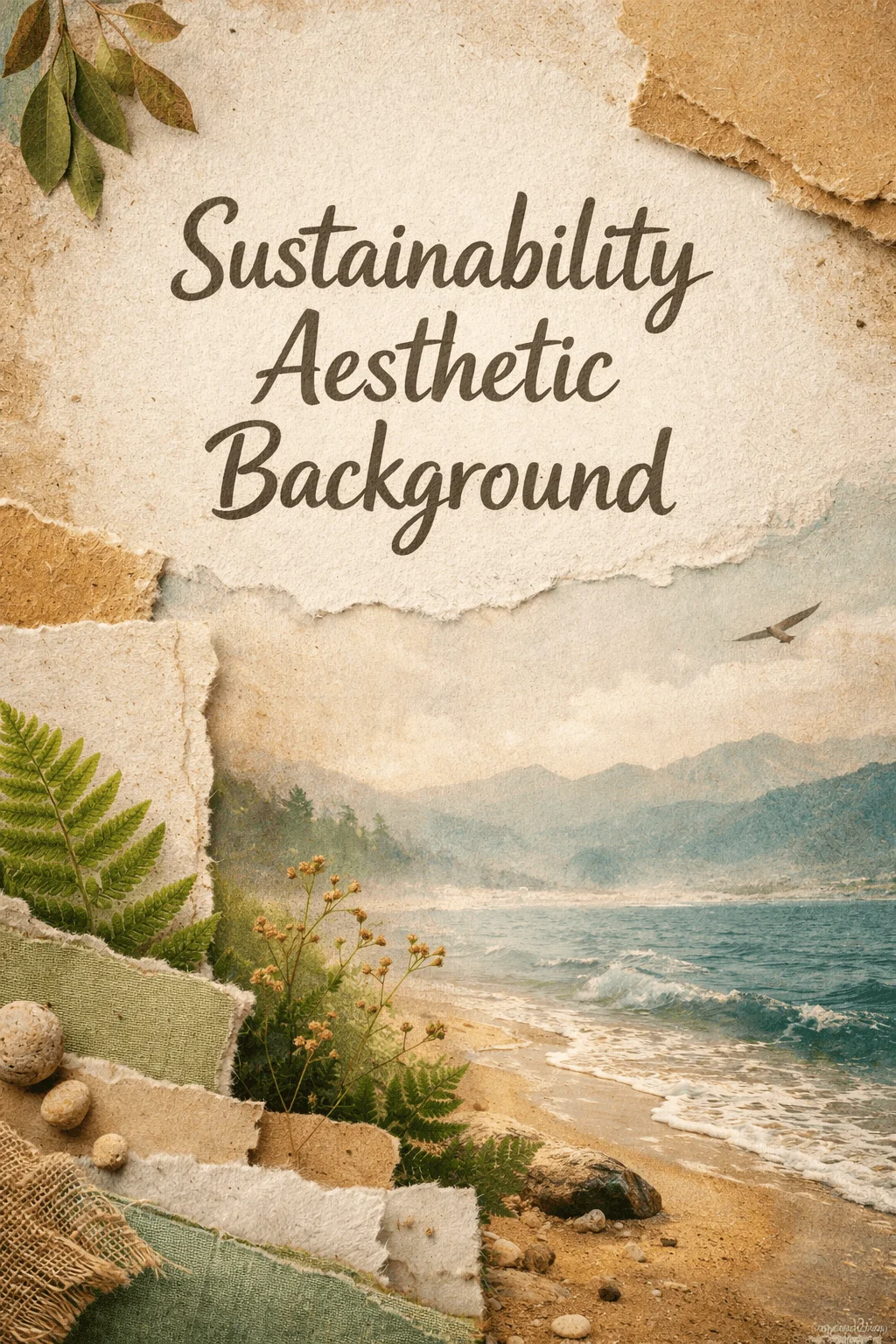 Vintage style collage background with torn paper textures leaves and fabric elements framing a calm beach scene with waves mountains and a bird in the sky and the words Sustainability Aesthetic Background in elegant script