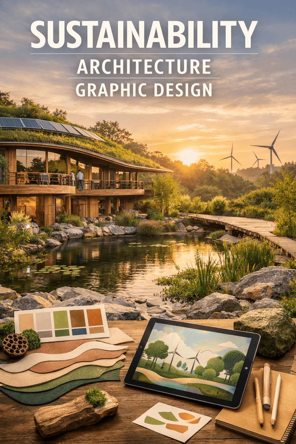 Sustainable architecture and graphic design concept showing an eco friendly modern house with a green roof and solar panels beside a pond at sunset with wind turbines in the background and design materials with a tablet displaying nature themed artwork in the foreground