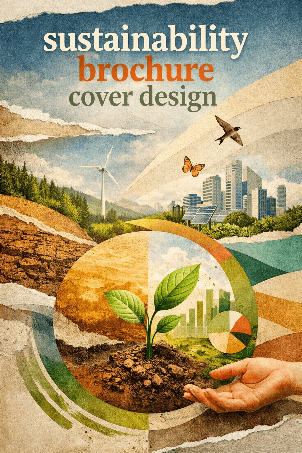 Sustainability brochure cover design featuring a collage of nature and city elements with wind turbines solar panels a growing plant in soil a hand holding earth tones a butterfly and a bird over a textured background