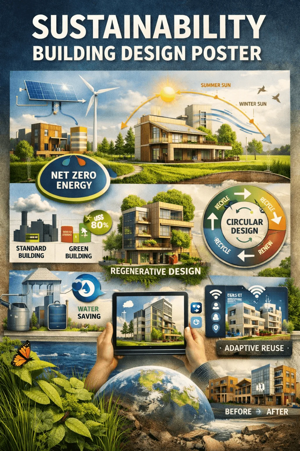 Sustainability building design poster showing eco friendly homes with solar panels wind energy net zero energy concept circular design regenerative design water saving systems adaptive reuse and before and after comparison with greenery and earth imagery