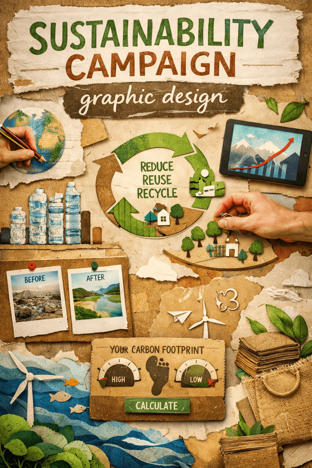 Poster style sustainability campaign graphic design with recycled paper texture showing reduce reuse recycle cycle eco illustrations plastic bottles before and after landscape photos wind turbines carbon footprint meter and hands building a green environment scene