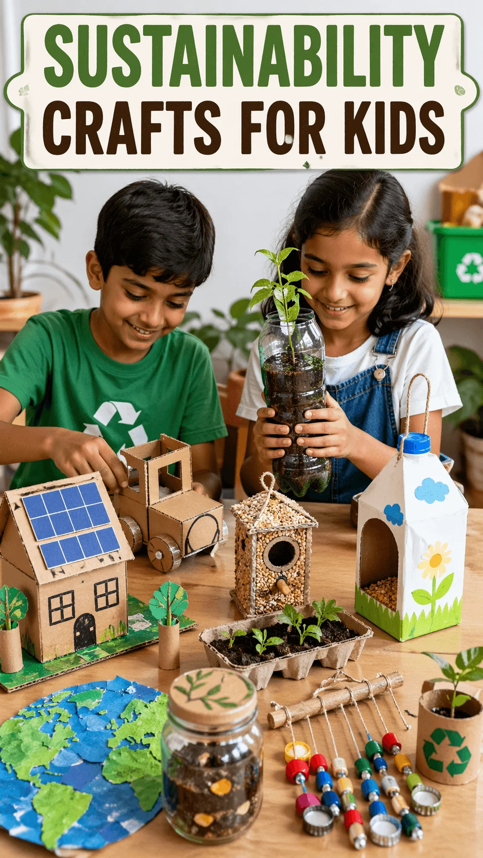 Two children smiling while making sustainability themed crafts including a cardboard house with solar panels a toy truck a bird feeder seed starters and a plant growing in a recycled plastic bottle on a wooden table