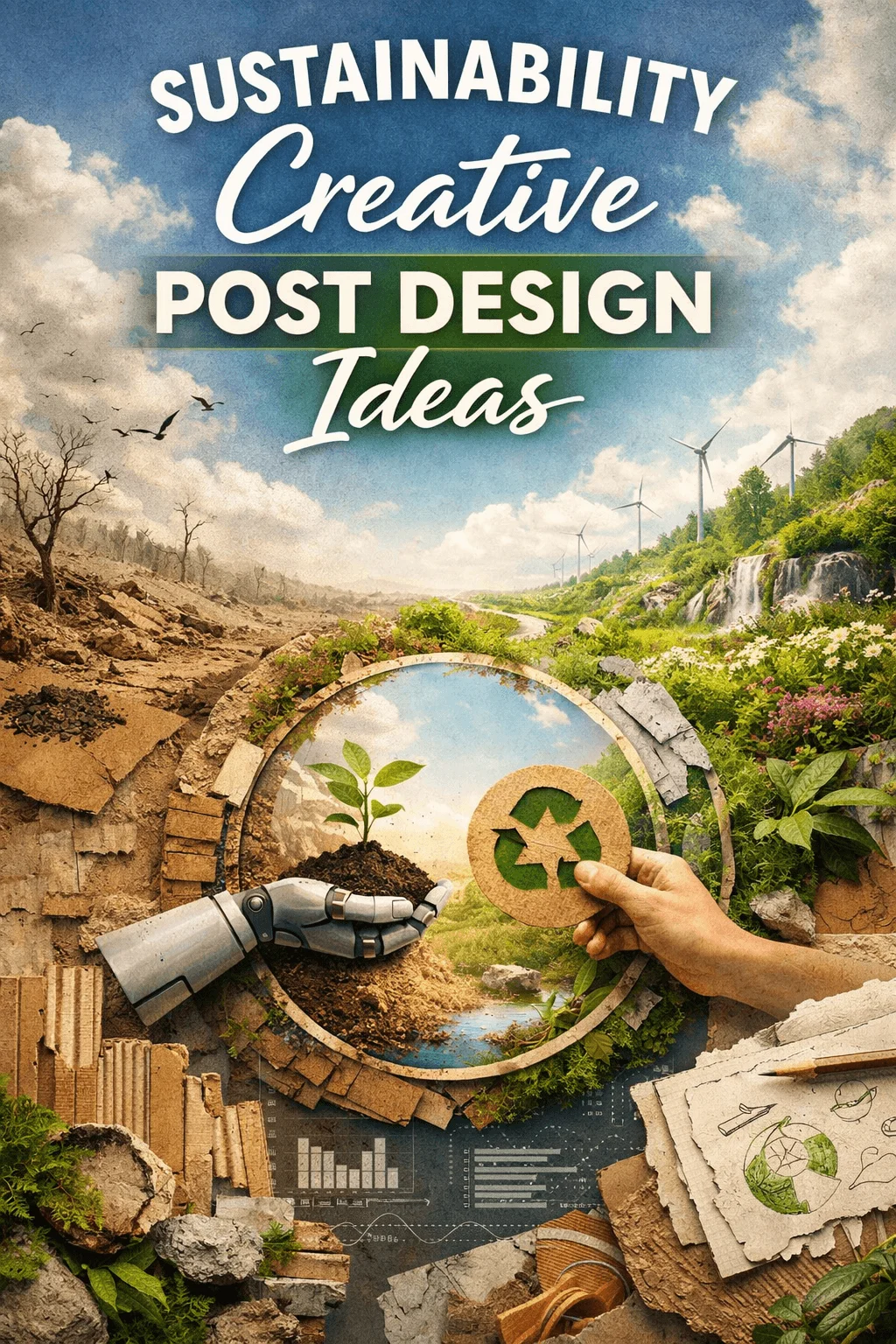 Poster showing sustainability creative post design ideas with a split landscape of barren land and green nature wind turbines a robotic hand and human hand holding soil and a recycle symbol surrounded by eco themed elements and sketches