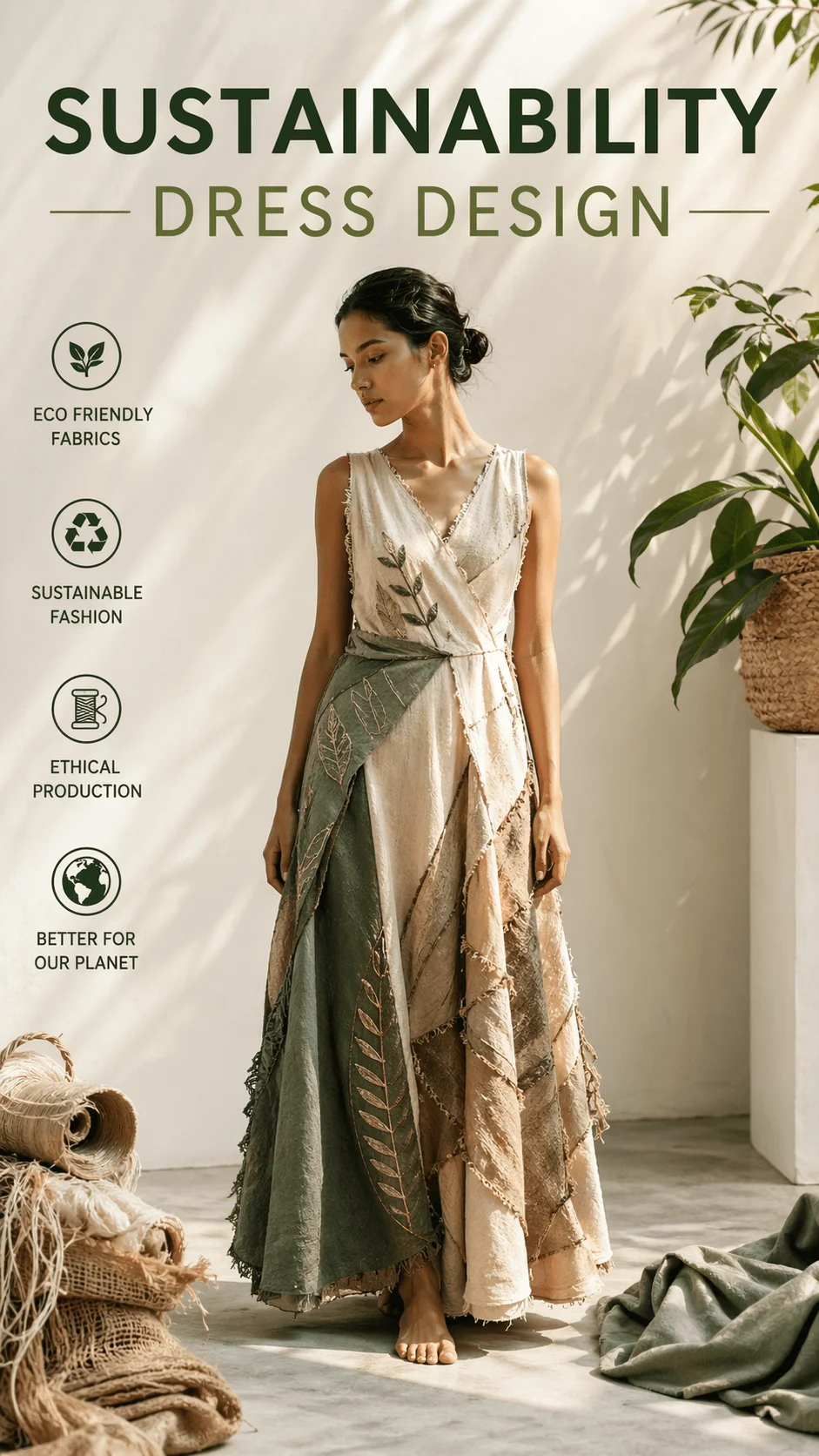 Woman wearing a layered eco friendly dress made from natural fabrics in a minimalist studio with plants and woven materials showcasing sustainable fashion design