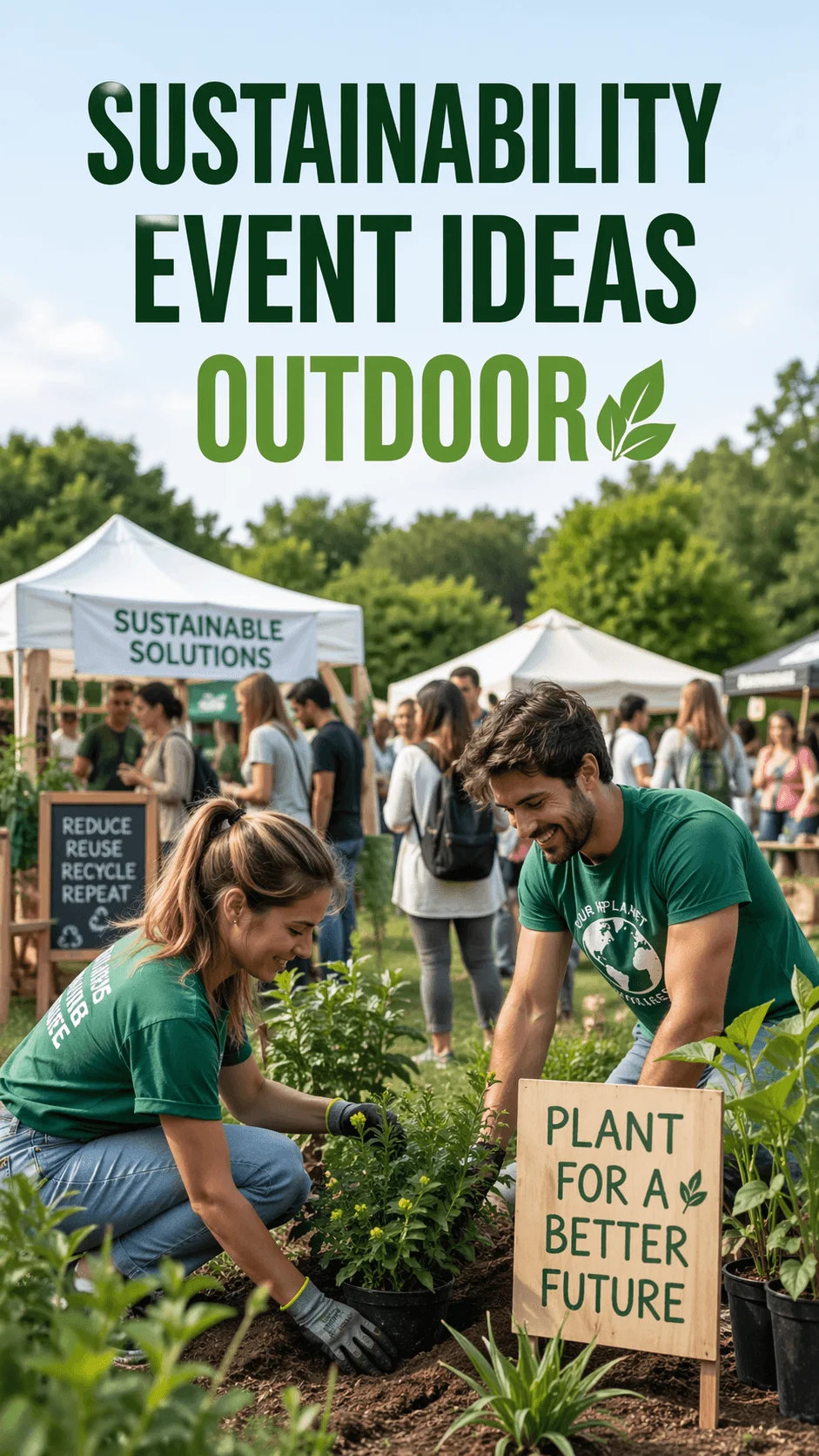 People participating in an outdoor sustainability event planting trees and engaging with eco friendly stalls and community activities in a green park setting