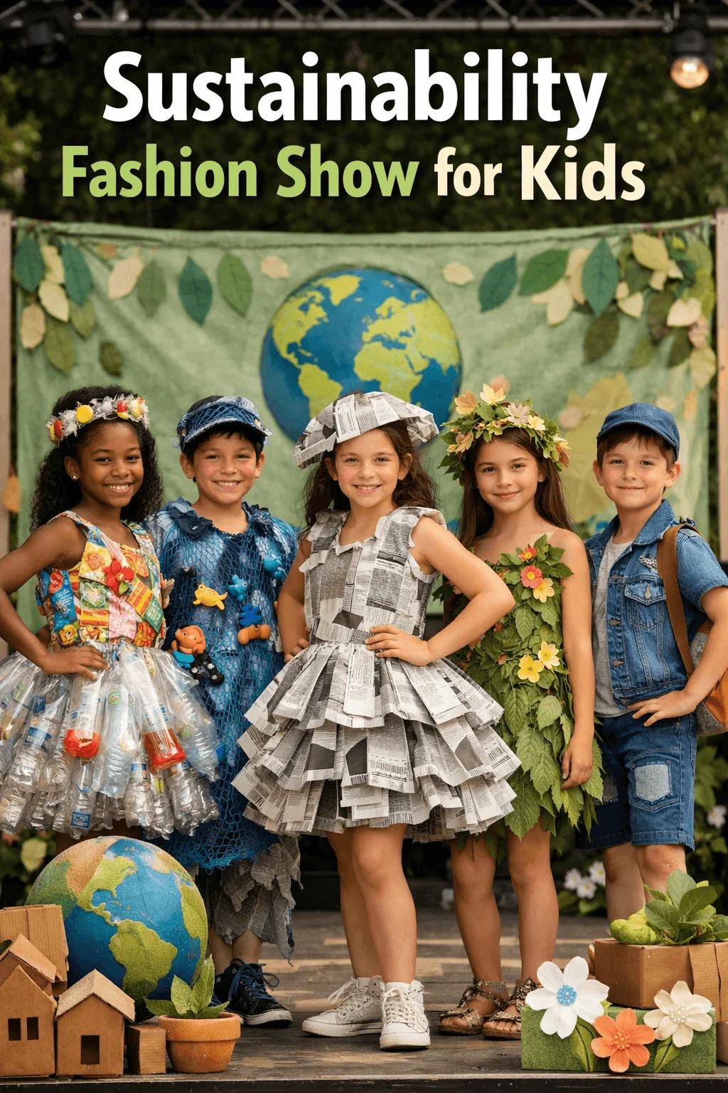 Kids wearing outfits made from recycled materials at a sustainability themed fashion show with a nature inspired backdrop
