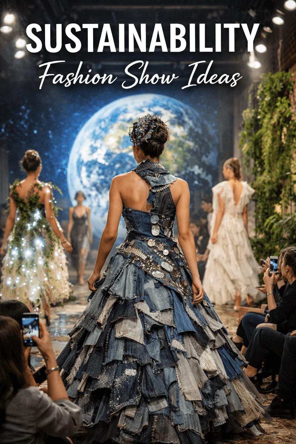A fashion runway show featuring models wearing creative sustainable outfits made from recycled materials with a large earth backdrop and audience capturing the moment while the text sustainability fashion show ideas appears at the top