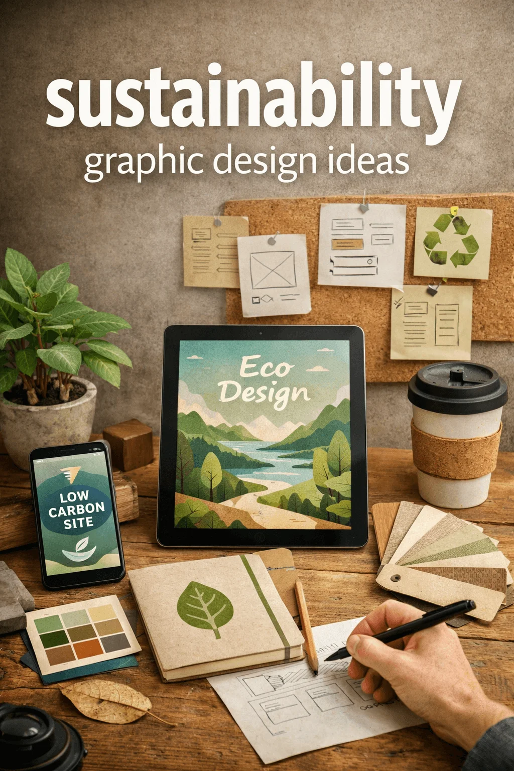 Workspace with eco friendly graphic design concept showing tablet with nature illustration phone displaying low carbon site corkboard with sketches recycled materials color swatches plant and reusable coffee cup on wooden desk