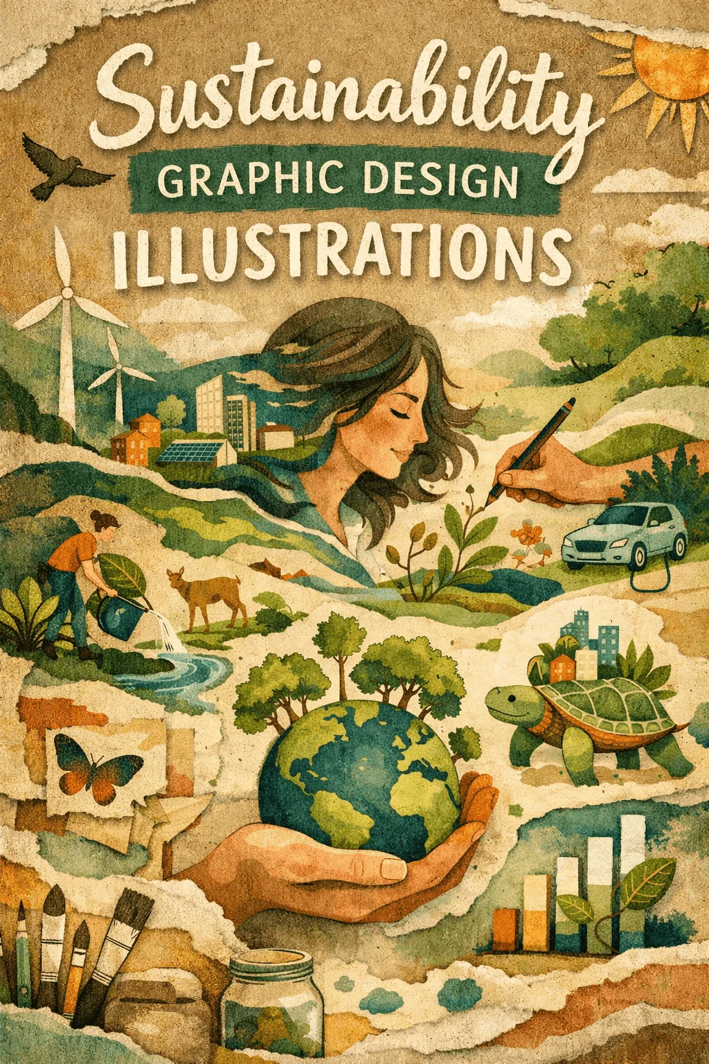 Illustrated poster about sustainability graphic design featuring a woman with flowing hair blending into a green landscape with wind turbines solar panels trees and wildlife a person watering plants a deer and a turtle an electric car a hand holding the Earth and eco themed elements like leaves charts paint brushes and a butterfly in a vintage textured style