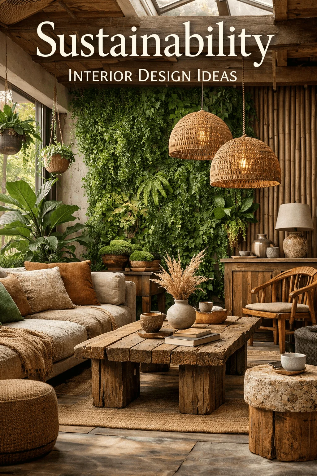 Cozy sustainable living room with wooden furniture woven pendant lights indoor plants and a lush green wall creating a natural eco friendly interior design atmosphere