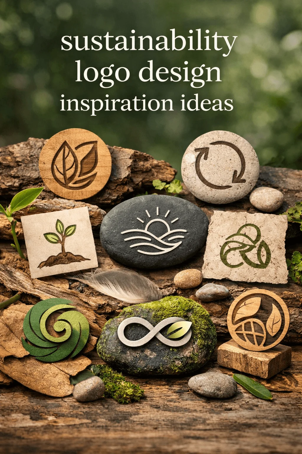 Collection of eco friendly logo designs displayed on wood stones and paper featuring leaves recycling symbols sunrise and infinity sign with a natural forest background and soft green tones