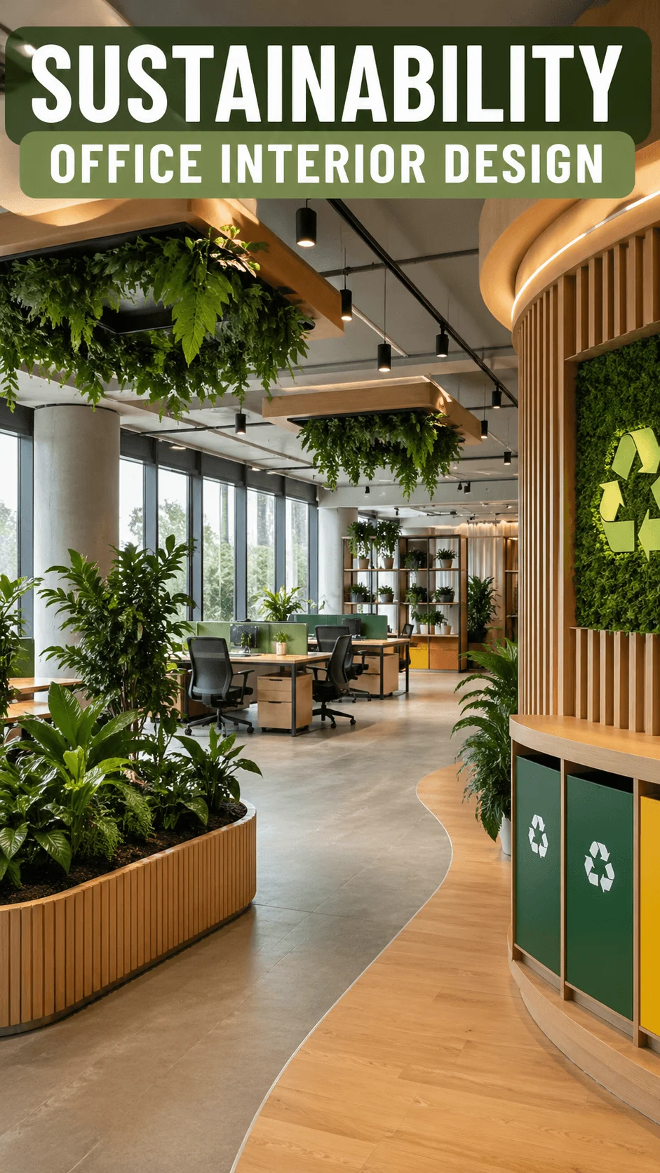 Modern sustainable office interior with green plants natural wood finishes open workspace and recycling stations under hanging garden installations