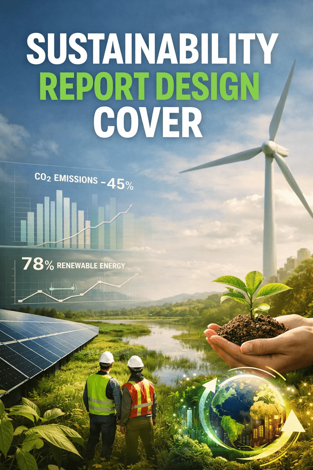 Sustainability report design cover showing wind turbine solar panels and two engineers looking over a green landscape with a river while a hand holds a young plant with soil and a globe graphic symbolizing environmental progress with charts showing 45 percent reduction in CO2 emissions and 78 percent renewable energy.