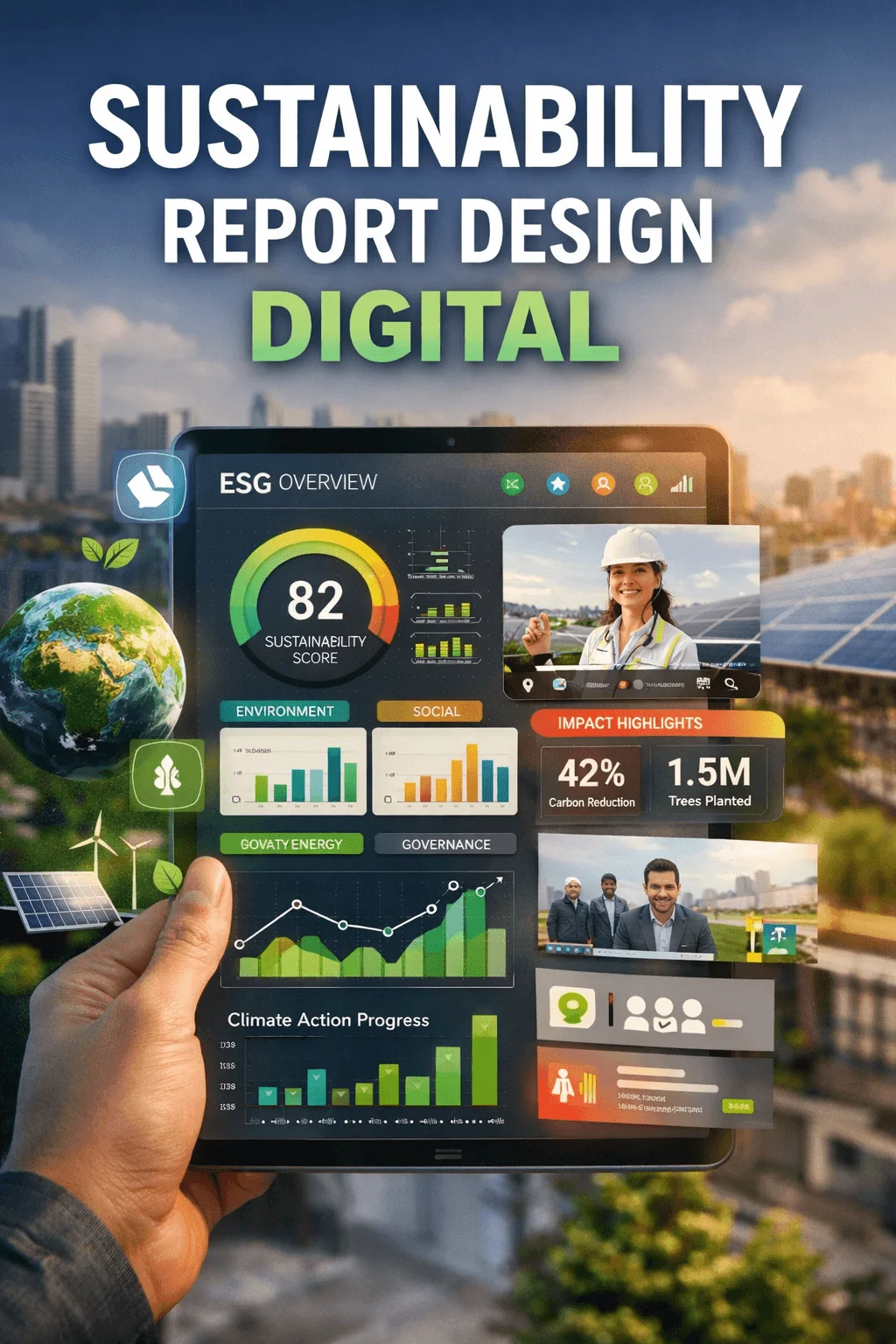 Digital sustainability report dashboard displayed on a tablet showing ESG overview charts sustainability score climate progress and renewable energy visuals with city skyline and solar panels in background