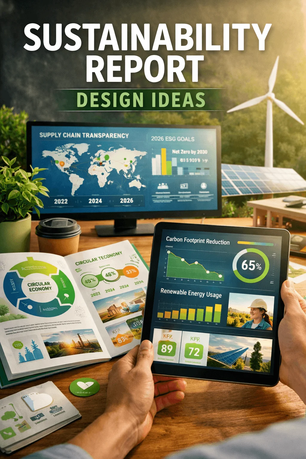 Sustainability report design scene with tablet and monitor displaying data dashboards charts and ESG goals alongside printed report pages solar panels wind turbine and green workspace setting