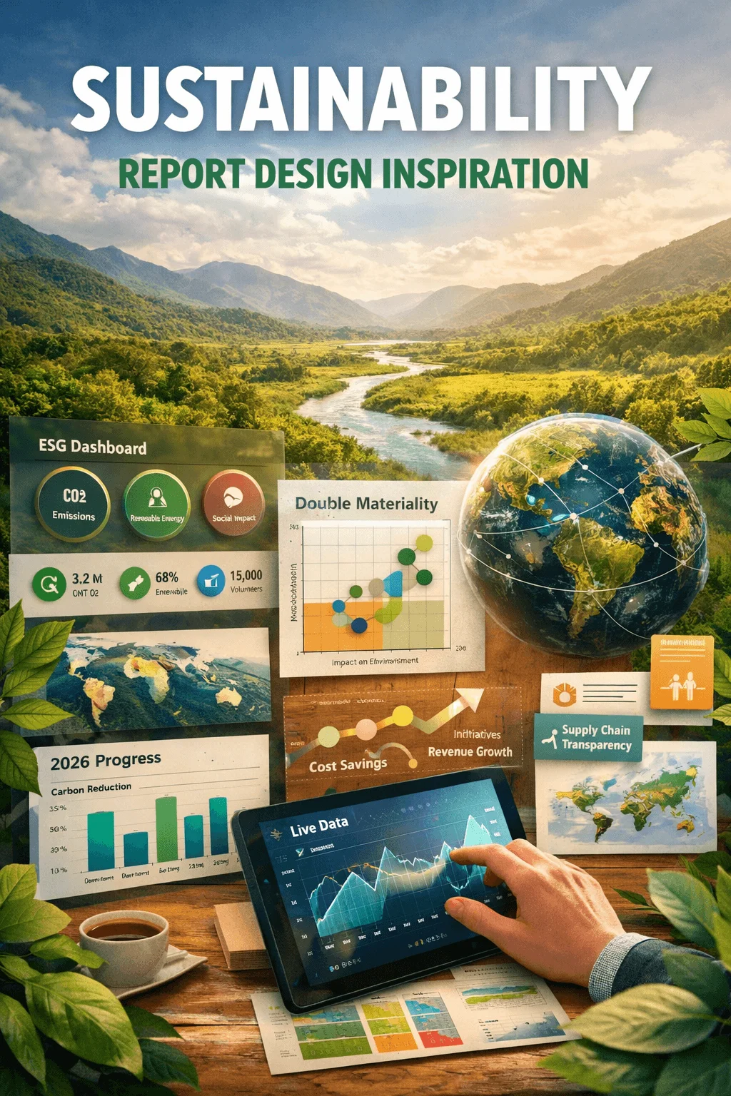 Sustainability report design inspiration with scenic green valley river landscape and overlaid ESG dashboard charts globe visualization and tablet showing live data analytics on a wooden desk with leaves and documents