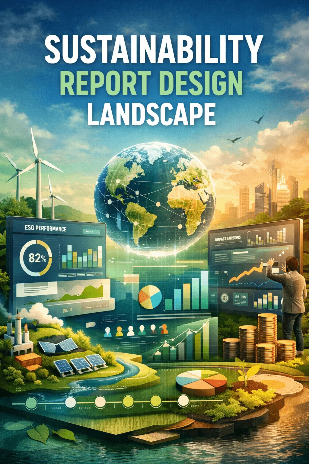 Illustration of sustainability report design landscape featuring a globe with connected data points wind turbines solar panels and a modern city skyline alongside digital dashboards showing ESG performance charts growth graphs and impact emissions metrics with a business professional analyzing data and stacks of coins symbolizing green investment and environmental progress