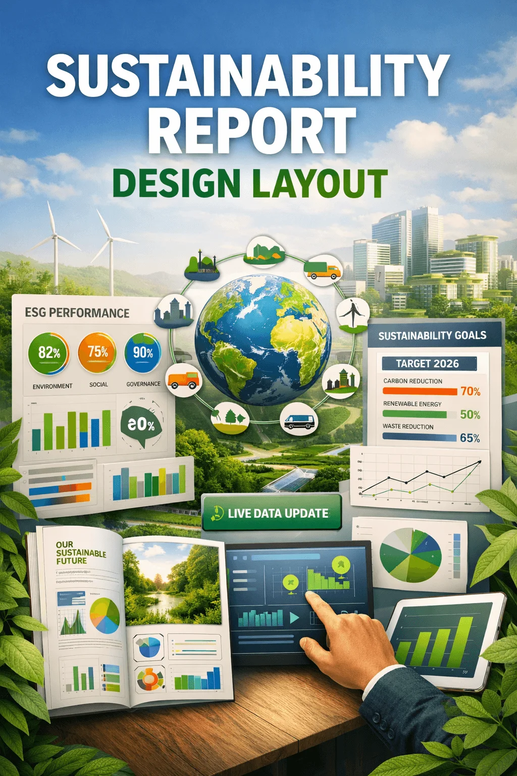 Sustainability report design layout featuring a central globe surrounded by eco icons wind turbines and green cityscape with ESG performance charts sustainability goals data dashboards and a hand interacting with a tablet showing live data updates in a modern workspace with plants