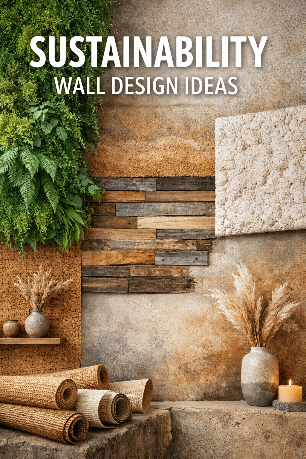 Rustic sustainable wall design featuring layered materials like reclaimed wood textured plaster and natural fibers with greenery and earthy decor elements including vases woven mats and a lit candle creating a warm organic aesthetic