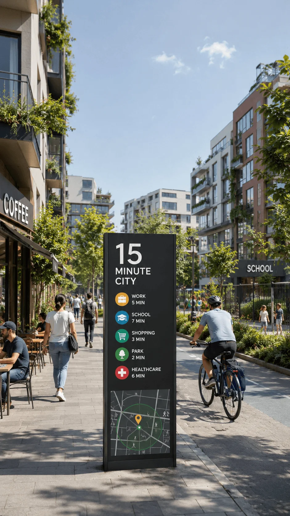 Urban street scene promoting the 15 minute city concept with pedestrians cyclists cafes schools shops and residential buildings connected by walkable and bike friendly infrastructure
