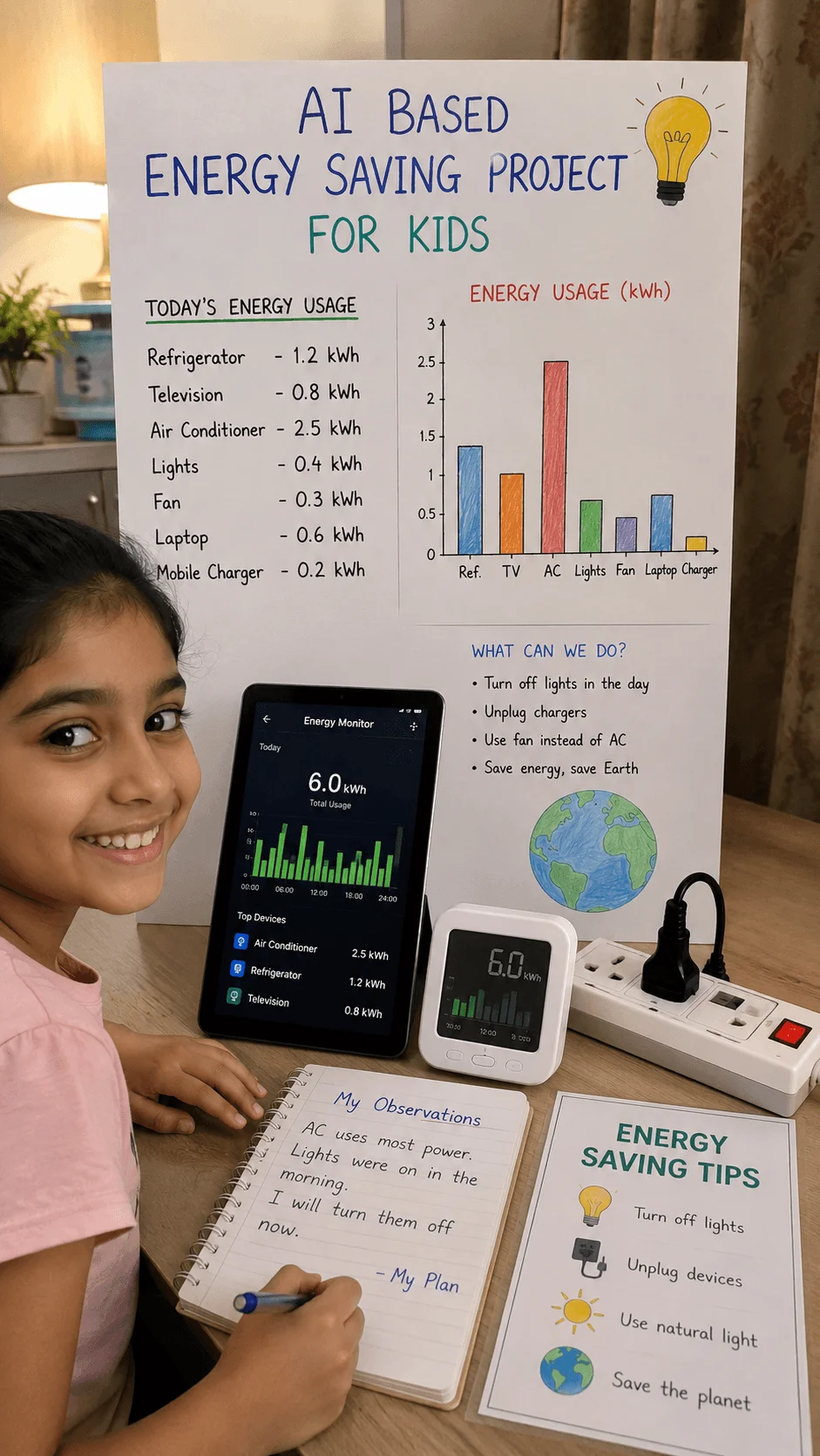 Young girl presenting an AI based energy saving project for kids with charts showing household electricity usage a tablet displaying energy monitoring data smart meter power strip and handwritten notes about saving electricity and protecting the Earth