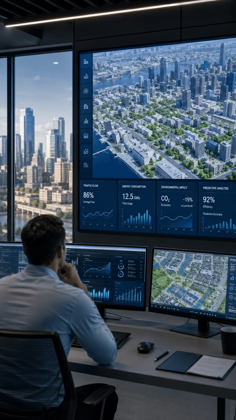 Urban planner monitoring a digital twin city dashboard with real time analytics traffic flow energy consumption environmental impact and predictive data displayed across multiple screens in a modern control room