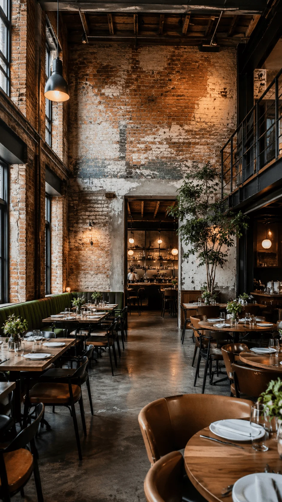 Adaptive reuse restaurant interior with exposed brick walls industrial architecture reclaimed materials modern seating warm lighting and sustainable urban dining design in a renovated historic space