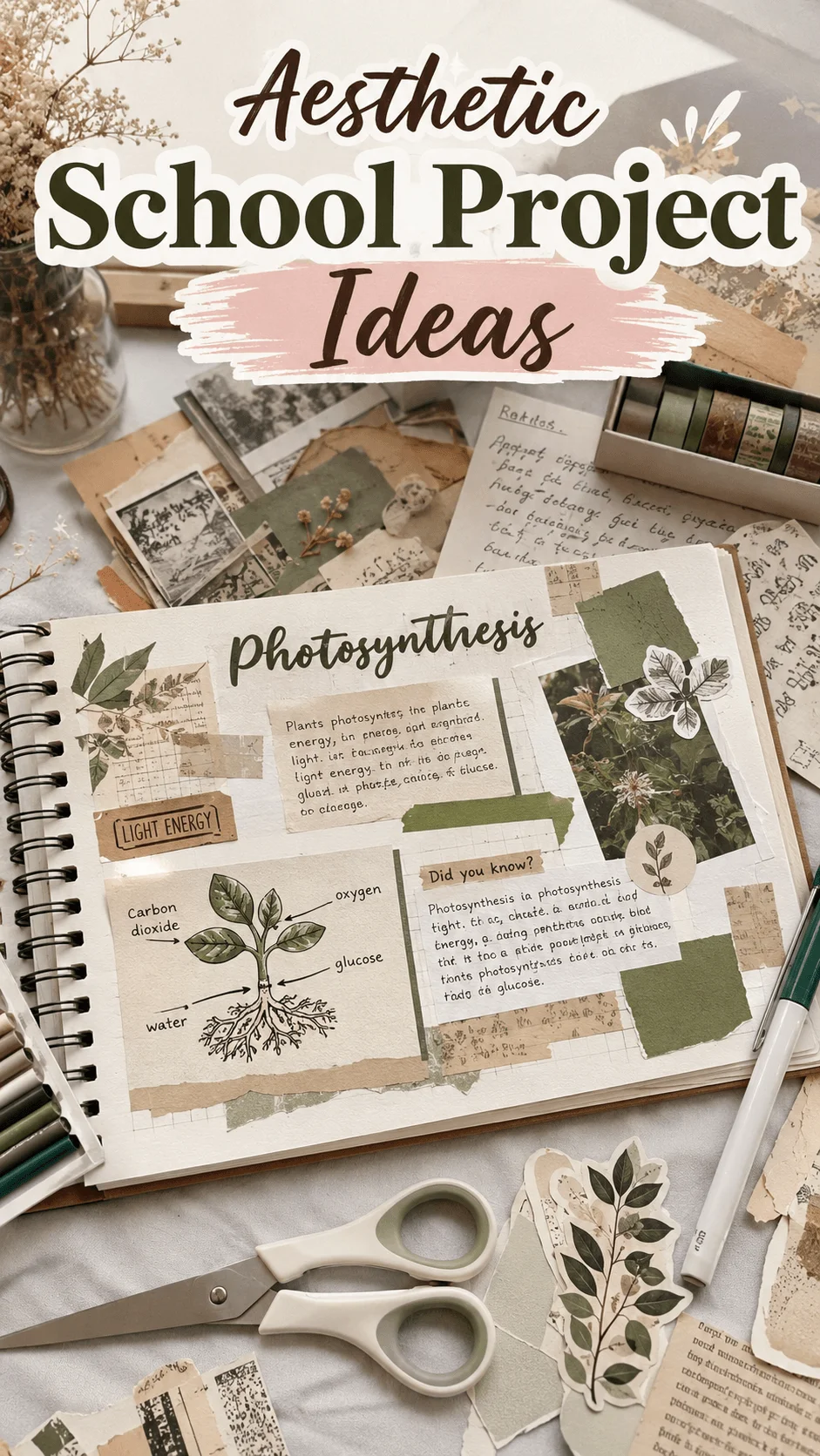 Aesthetic school project ideas collage featuring a scrapbook style photosynthesis project with botanical stickers handwritten notes scissors tape and art supplies on a cozy desk setup