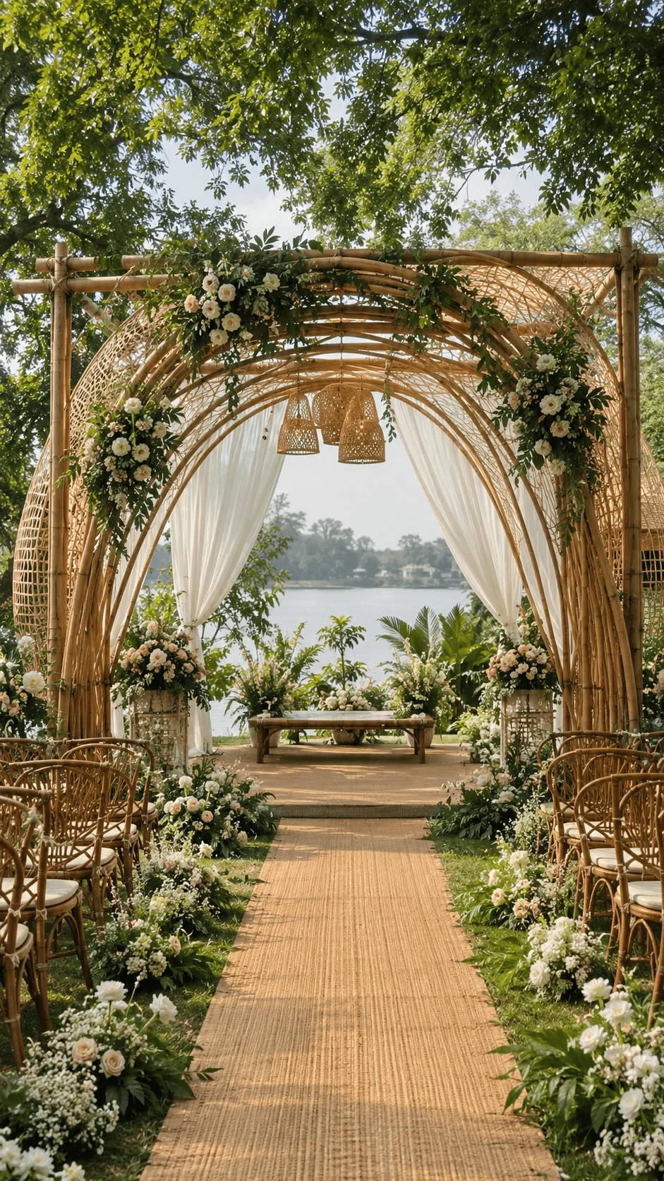 Outdoor wedding ceremony setup with bamboo arch woven decor white drapes floral arrangements and rattan chairs beside a lakeside surrounded by lush greenery