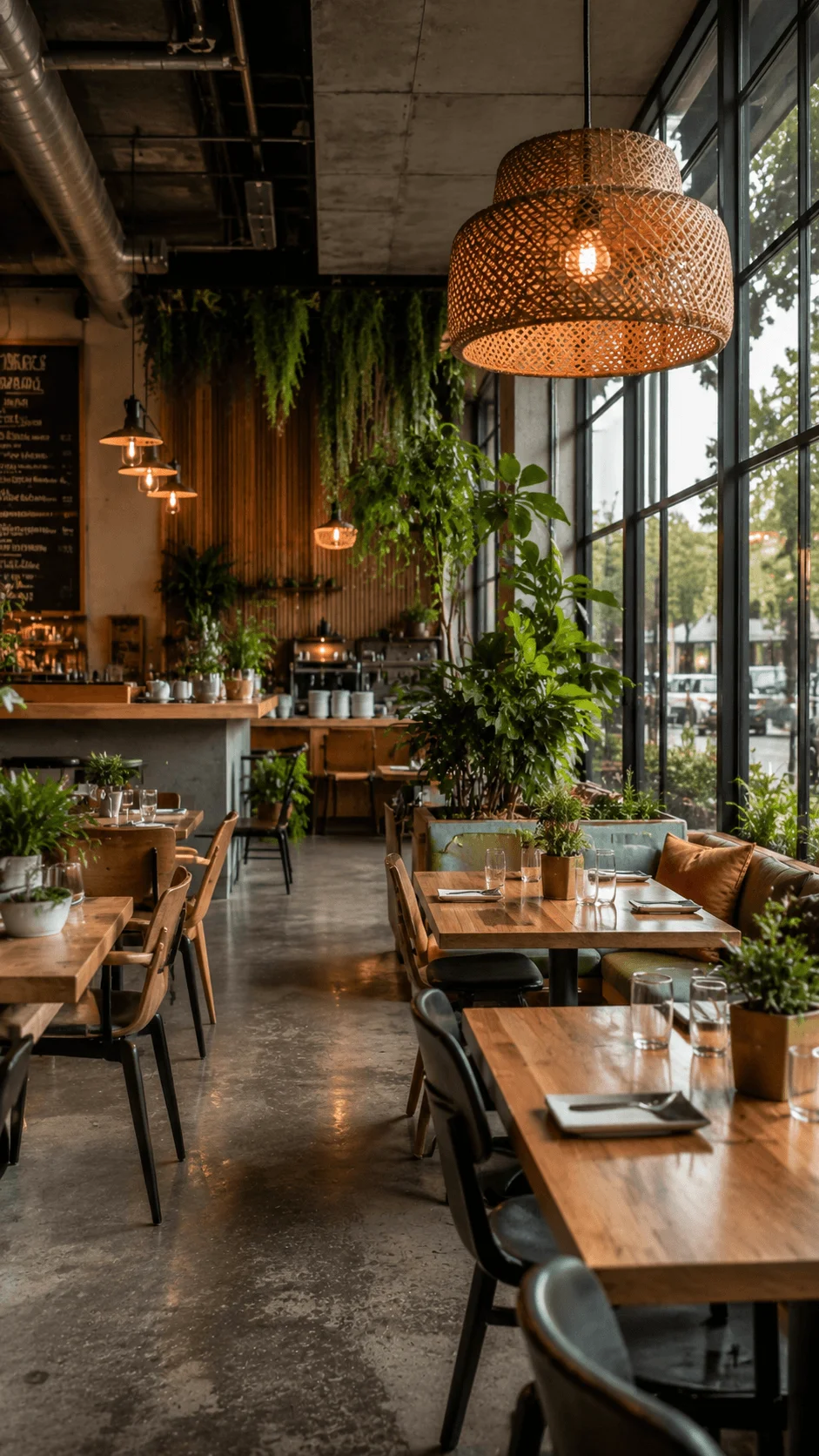 Modern eco friendly restaurant interior with wooden tables hanging plants woven pendant lights and large windows creating a warm sustainable dining atmosphere