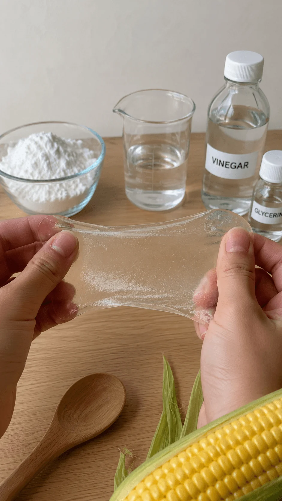 Biodegradable plastic from cornstarch experiment showing homemade transparent bioplastic being stretched by hand with cornstarch vinegar glycerin and corn used as eco friendly materials on a table setup